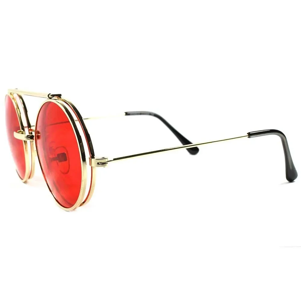 Retro Style Mens Womens Django Lennon Gold Flip Up Red Lens Round Sunglasses